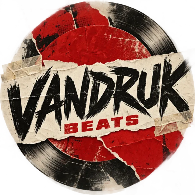 VANDRUK BEATS logo — vinyl record with a torn paper label
